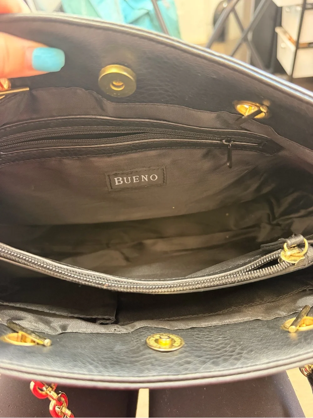 Bueno Black Shoulder Tote with Gold Hardware